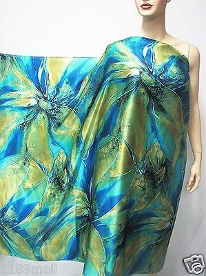 Hip Green n Blue Print Pure Silk Charmeuse Fabric Dress Material 3 