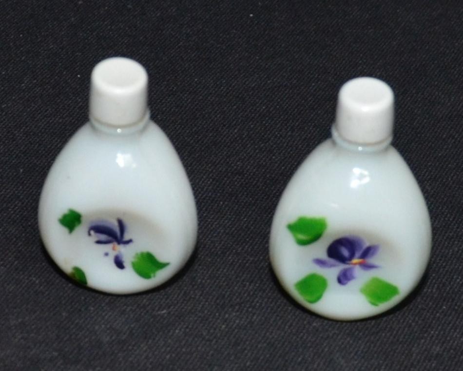 PERFUME BOTTLES DEVON MILK GLASS HAND PAINTED VIOLETS EUC