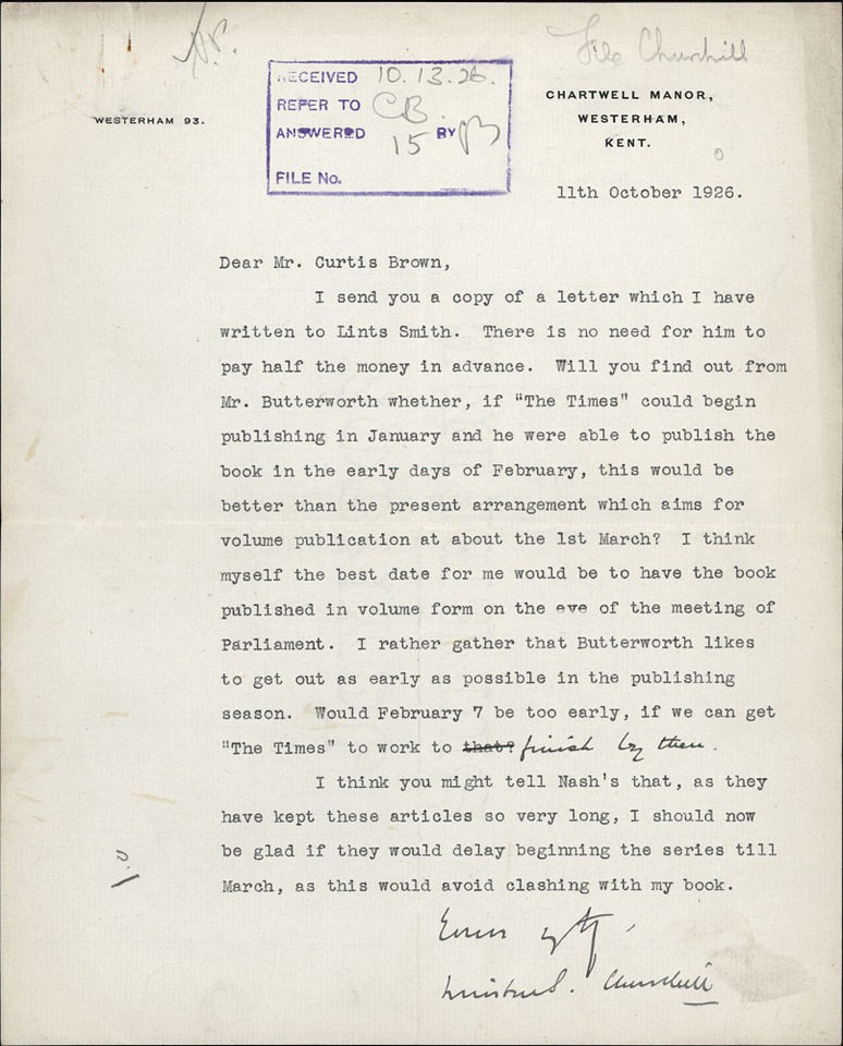   Winston Spencer. Letter Signed to Curtis Brown about The World Crisis