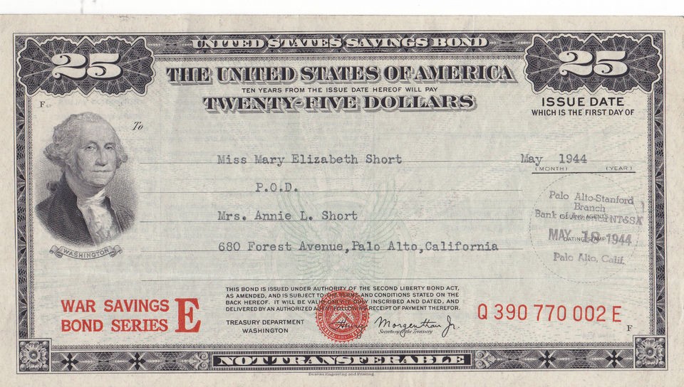 25 US War Savings Bond Series E, PALO ALTO, CALIFORNIA MAY 1944