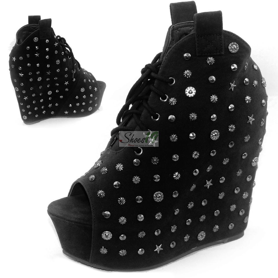 Black Galaxy Super Sexy Platform Wedge Peep High Heel Studs Ankle 