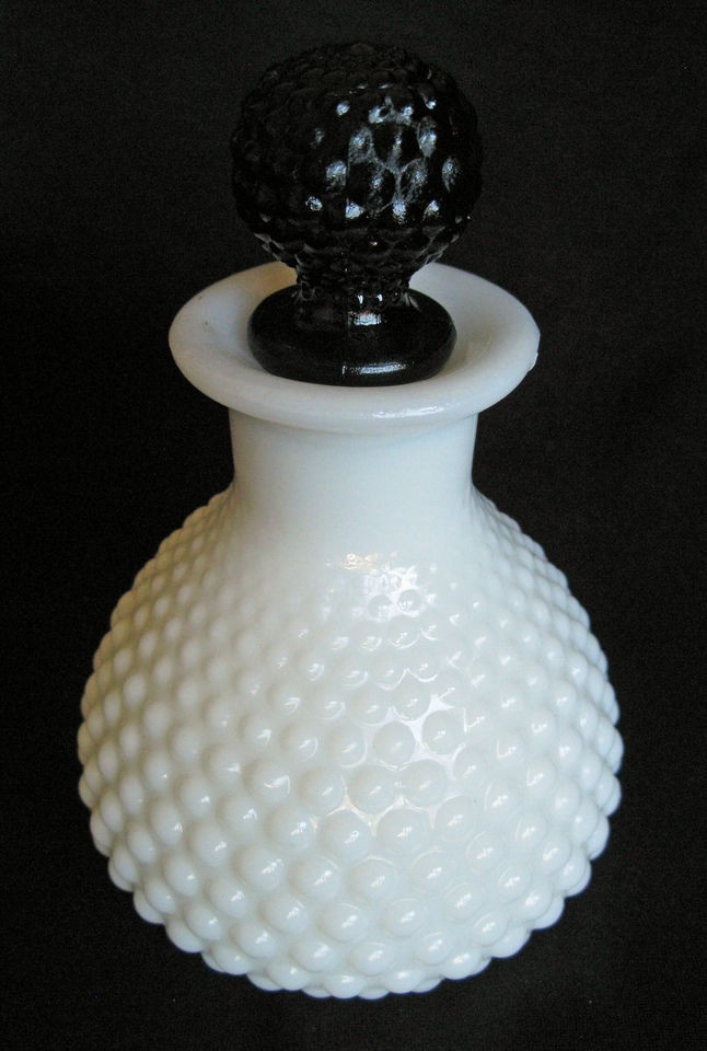 VINTAGE MILK GLASS HOBNAIL PERFUME BOTTLE WITH BLACK HOBNAIL STOPPER L 