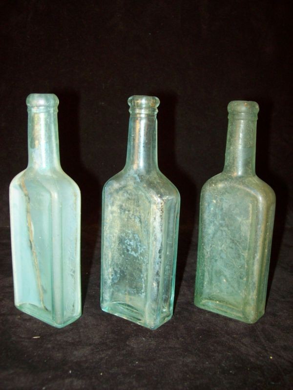 Antique Castoria Bottle x3 Pcs Green & Clear 1800s Old