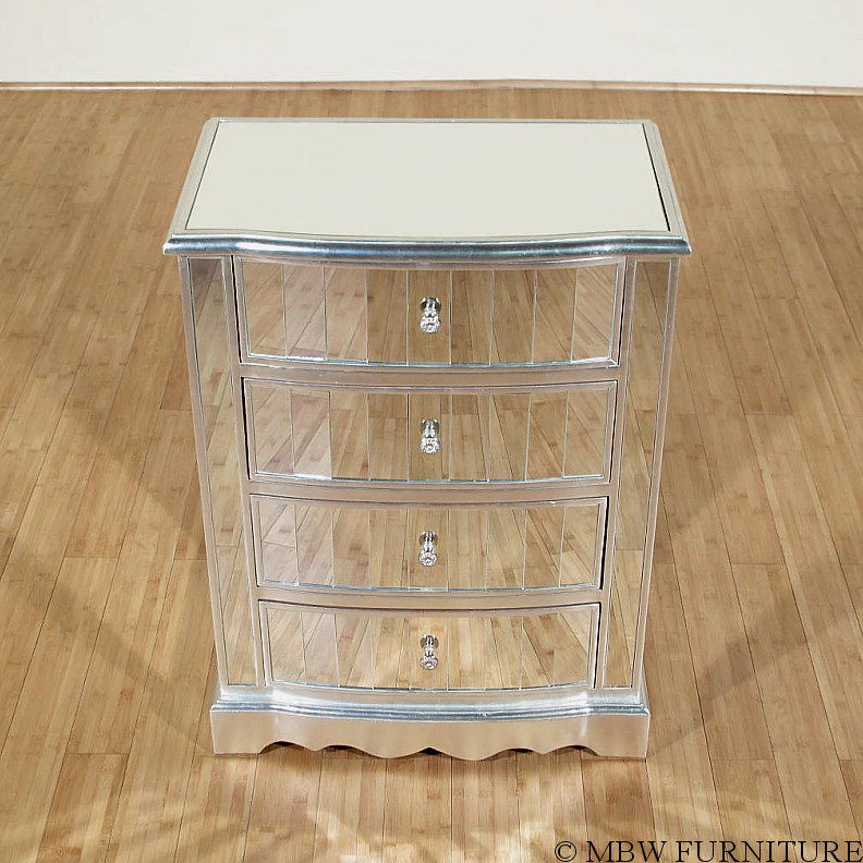 Distressed Silver 4 Drawer Mirrored Nightstand