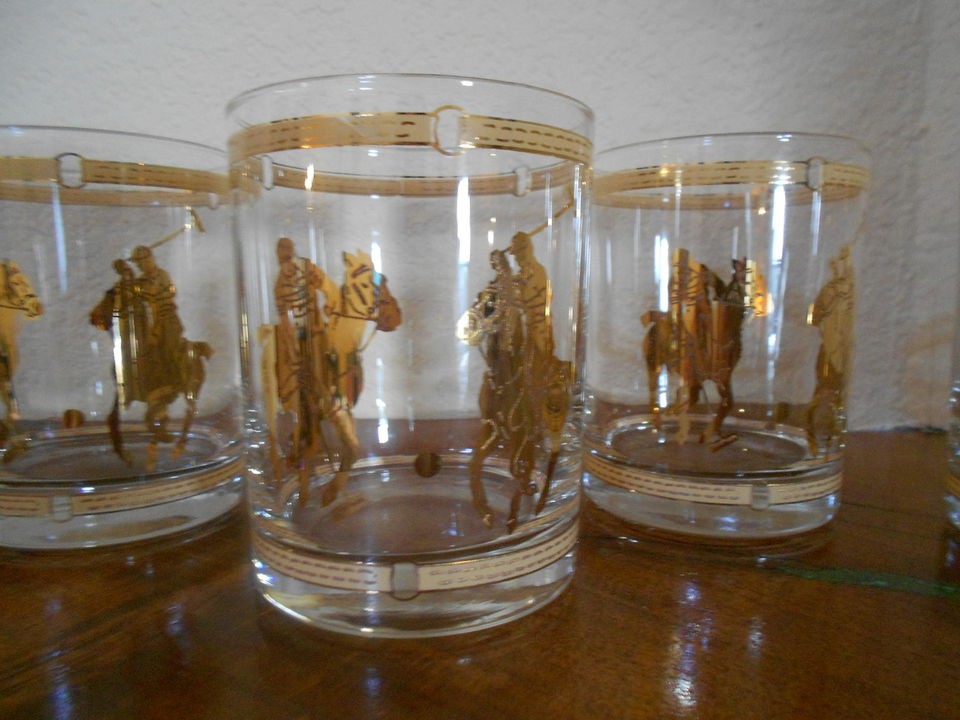 SET 4 CULVER Gold Polo Pony Horse Equestrian Riding Barware Bar 