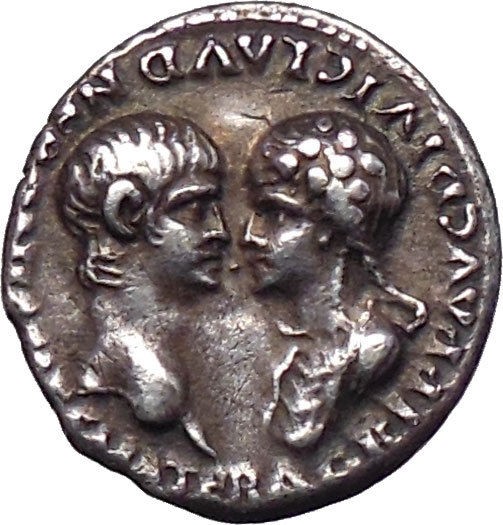 Nero & Agrippina Jr. Silver Denarius. Lugdunum 54 AD Very Rare