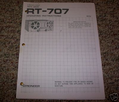 Pioneer RT 707 Reel to Reel Owners Manual FREE SHIP