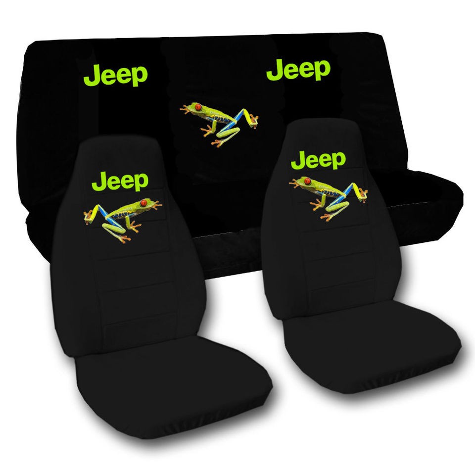   wrangler solid black with jeep in green and with a red eye tree frog