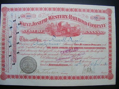 Russell Sage   Saint Joseph and Western Railroad Company Stock