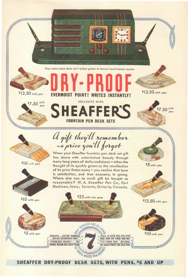 1936 Sheaffers Dry Proof Evermoist Point Fountain Pen Desk Sets 