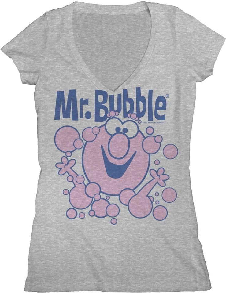 NEW Women Ladies Junior Size Mr. Bubble Vintage Fade Look V Neck T 