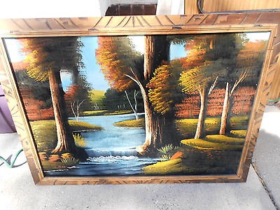 Vintage LARGE 1960s VELVET Framed Paint By Number OUTDOOR SCENE