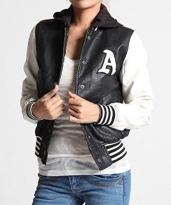   LEATHER HOODED JACKET Varsity Baseball Contrast Sleeve Button Bomber