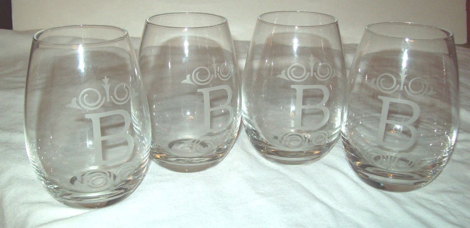     Set of Four STEMLESS   Etched Engraved letter B   clear glass