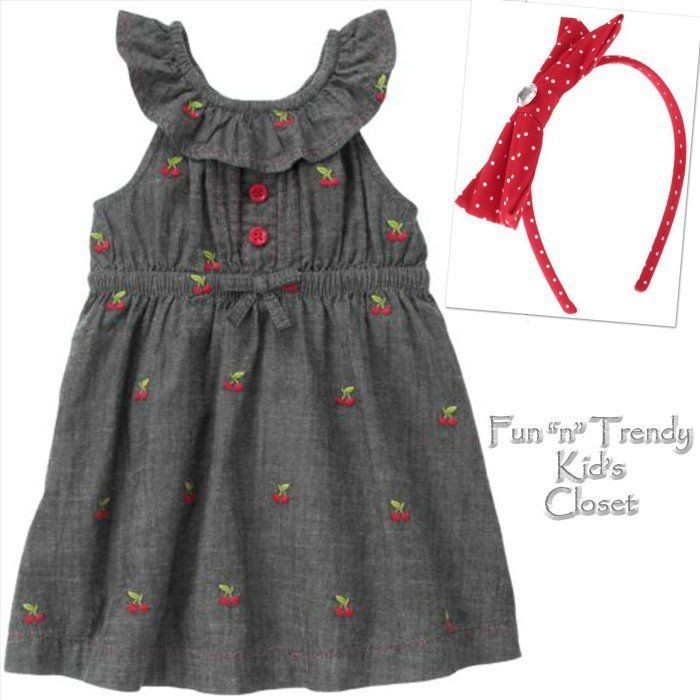   GIRLS SIZE 4 4T 5 5T CHERRY CUTE CHAMBRAY DENIM DRESS HAIR HEADBAND