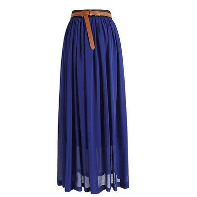 DB Women Double Layer Chiffon Pleated Retro Long Elastic Waist Maxi 