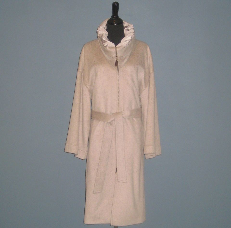   Beige Belted Longmantel Zip Front Cashmere Coat #90206   42 (US 12