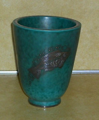 TURQUOISE SILVER FISH GUSTAVSBERG ARGENTA ART POTTERY SWEDEN VASE 