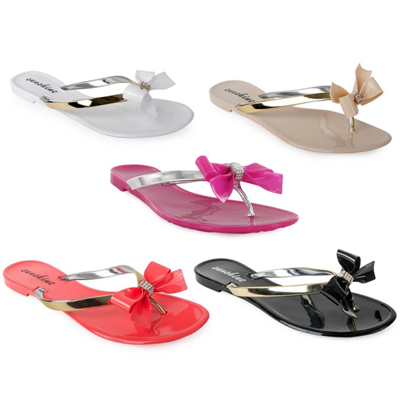 39P WOMENS JELLY METALLIC LADIES DIAMANTE BOW FLIP FLOP SANDALS SHOES 