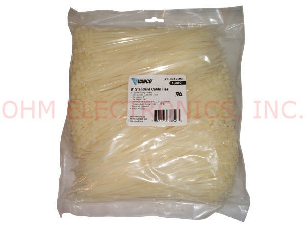   of 1000   8 in inch Natural White 40# lb Cable Zip Ties   # 20 08409M