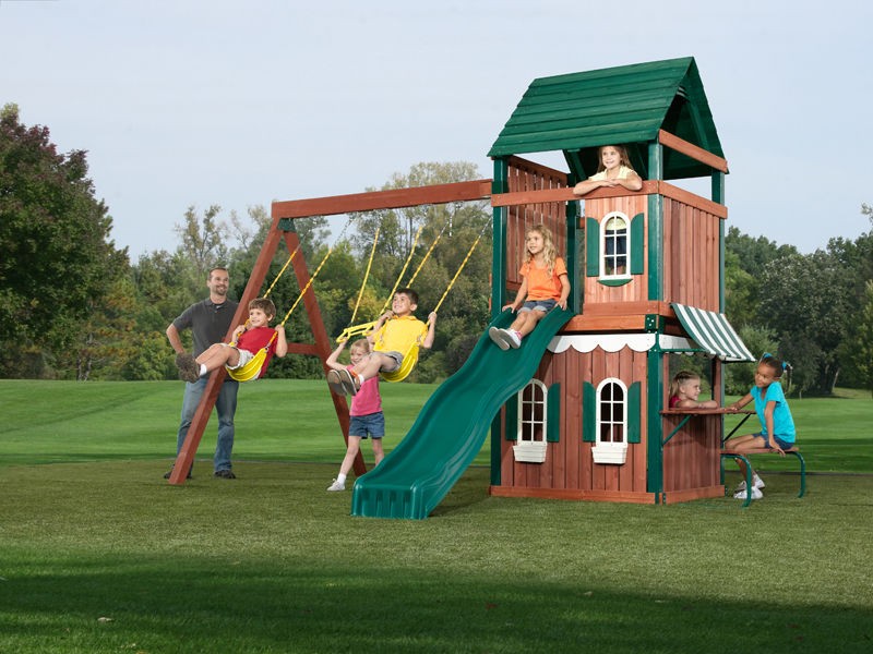 WOODEN SWINGSET / PLAYHOUSE + SLIDE PICNIC TABLE & DECK