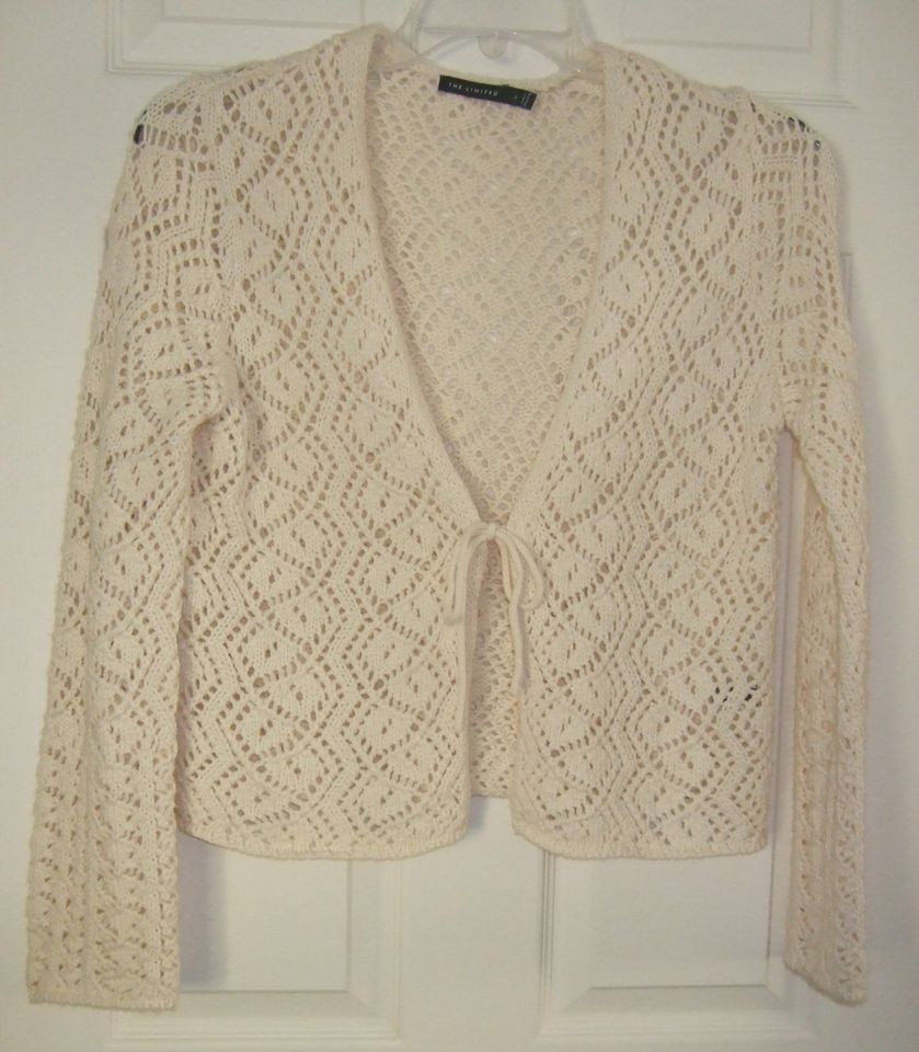   Sz L Crocheted Open Tie Front Cardigan Sweater~Cream Wool Blend