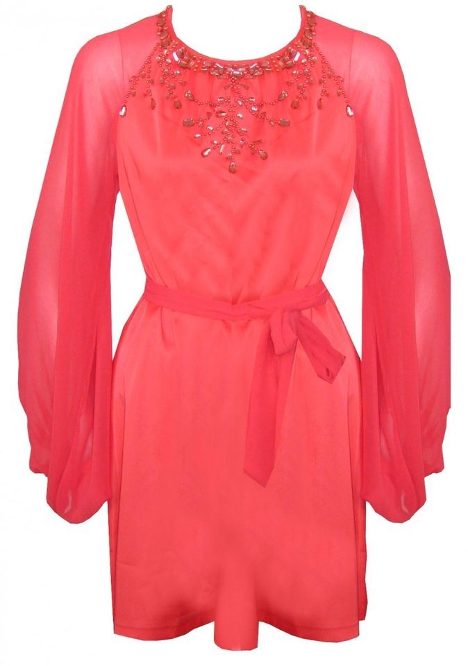 CORAL TUNIC / DRESS / TOP WITH GEM TRIM , PERFECT FOR WEDDING GUEST 