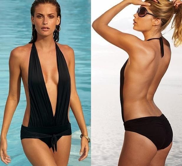 Womans Sexy Swimwear Monokini Bikini One Piece Black Halter Size S M 