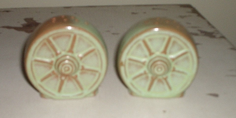 FRANKOMA POTTERY GREEN WAGON WHEELS SALT & PEPPER