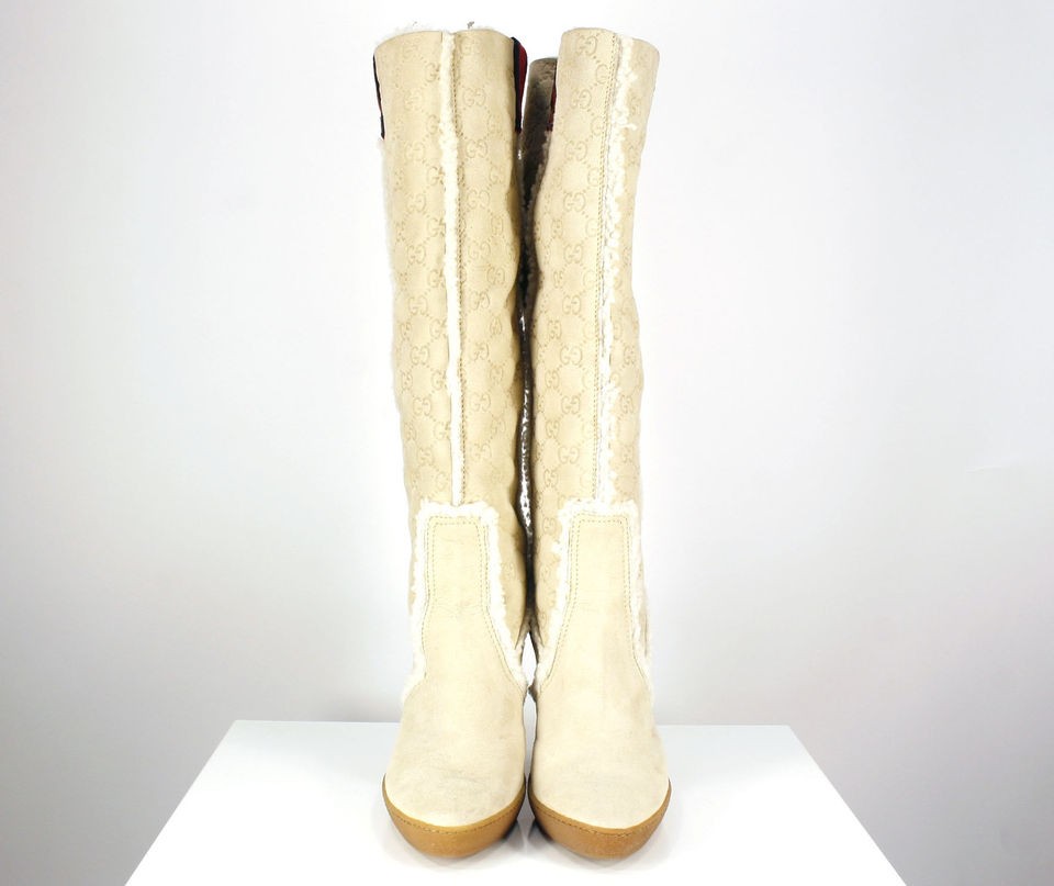 GUCCI Tan Suede Logo Print Knee High Boots with Shearling Trim