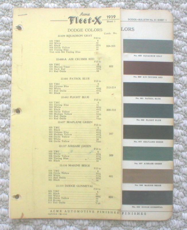 1939 DODGE Color Chip Paint Sample Chart BrochureACME