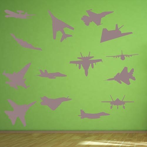 Pack of 16 Fighter Jet Planes Kids Vinyl Wall Stickers