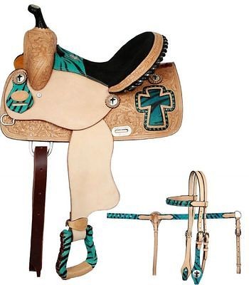   13 Teal Zebra Youth Barrel saddle w/Bridle Set Tack Show Trail Equine