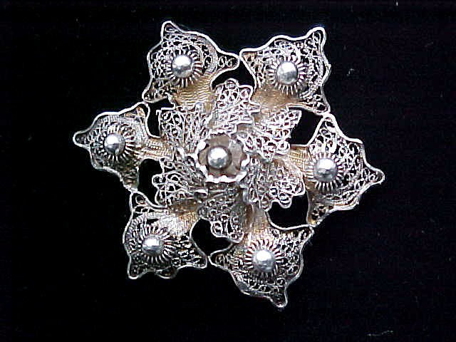 Vintage Fine Sterling Silver Filigree Brooch, Topazio, Portugal