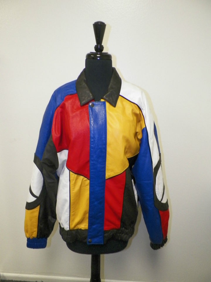 MENS VINTAGE MERCEDES COLORFUL LEATHER ZIP FRONT JACKET SZ XL VERY 