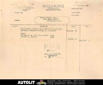 1929 Rolls Royce Phantom I Brewster Invoice 1928 Stutz