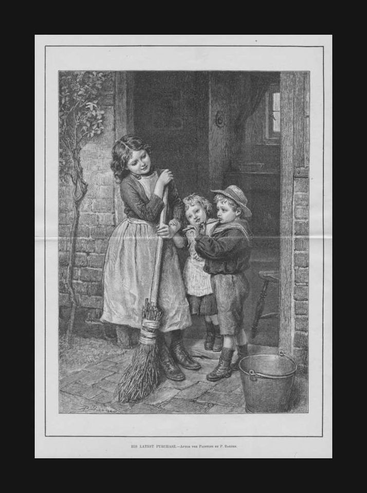 Boy Playing his New Flute, antique Engraving, original 1891