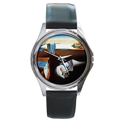   The Persistence of Memory Melting Clocks Silver Watch Black Leathe