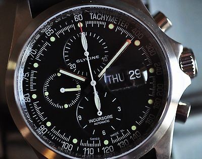 Glycine Incursore Automatic Day Date Chronograph Watch Massive SS Case 