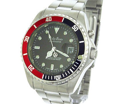   Persio Men Divers Submariner Indiglo Silver Watch Red Black Bezel