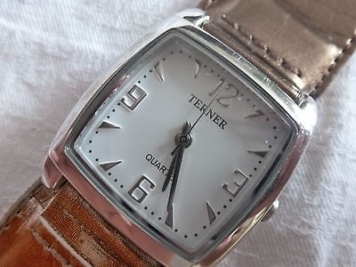   Terner Wristwatch White Face Silver Hands Bronze Color Fabric Band