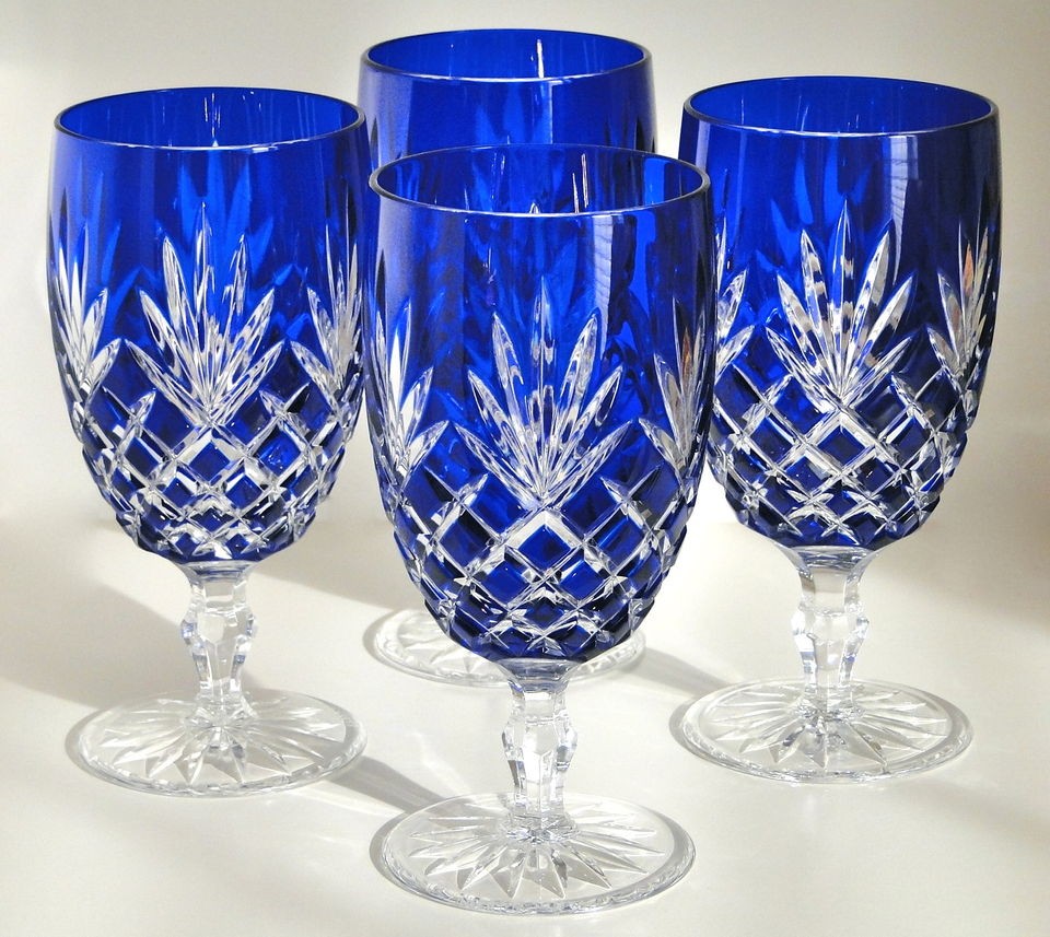   ICED BEVERAGE GLASSES, CASED CRYSTAL COBALT BLUE, SET OF 4, NEW