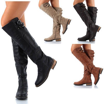   Shoes Riding Buckle Over The Knee High Boots Black Cognac Taupe Size