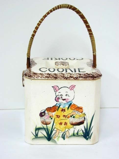 Cookie Jar Pig w Market Baskets Wicker Handle