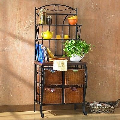   Iron Wicker Bakers Rack Storage Kitchen Home Decor Baker Racks Shelves