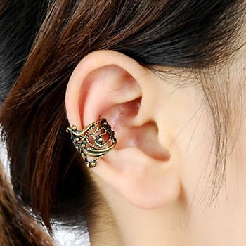 Copper Carving Flower Retro Punk Gothic Single No Piercing Earring Ear 