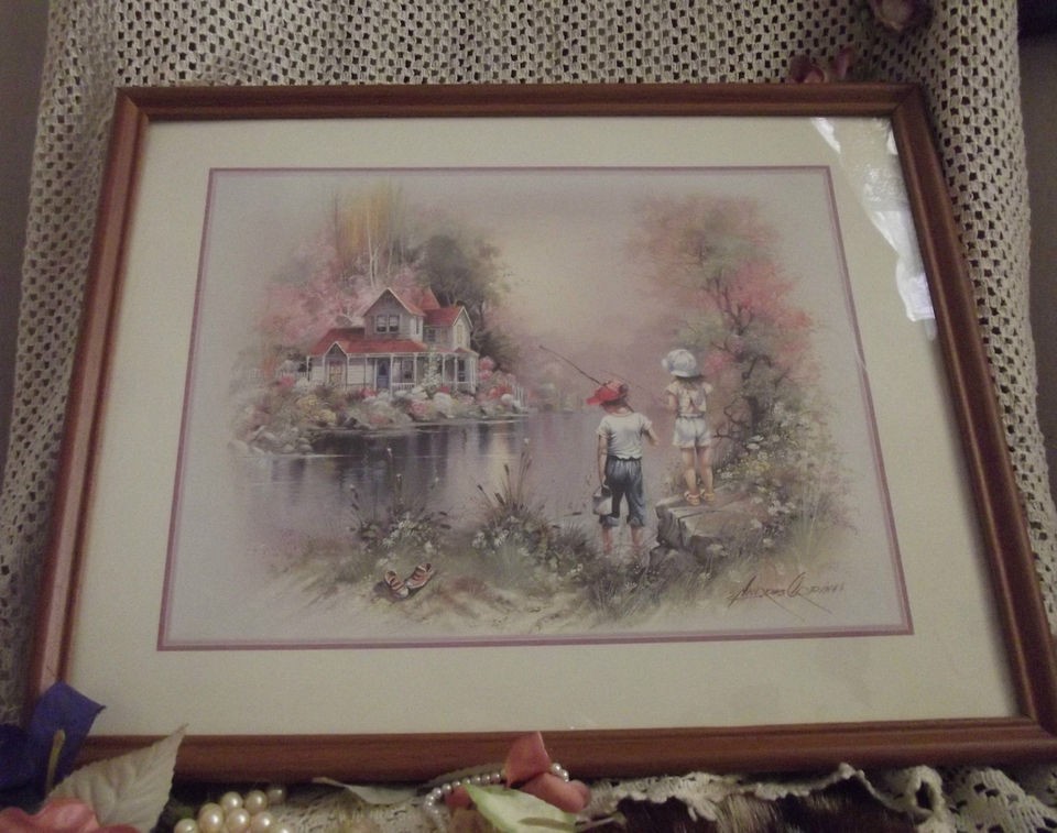 Vintage Andres ORPINAS Children FISHING Litho Print WOOD Wooden FRAME 