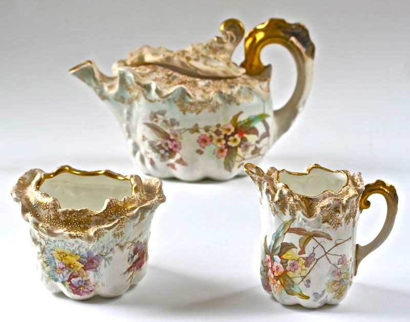   BURSLEM DOULTON TEA SET TEAPOT CREAMER SUGAR BOWL FLOWERS MORIAGE