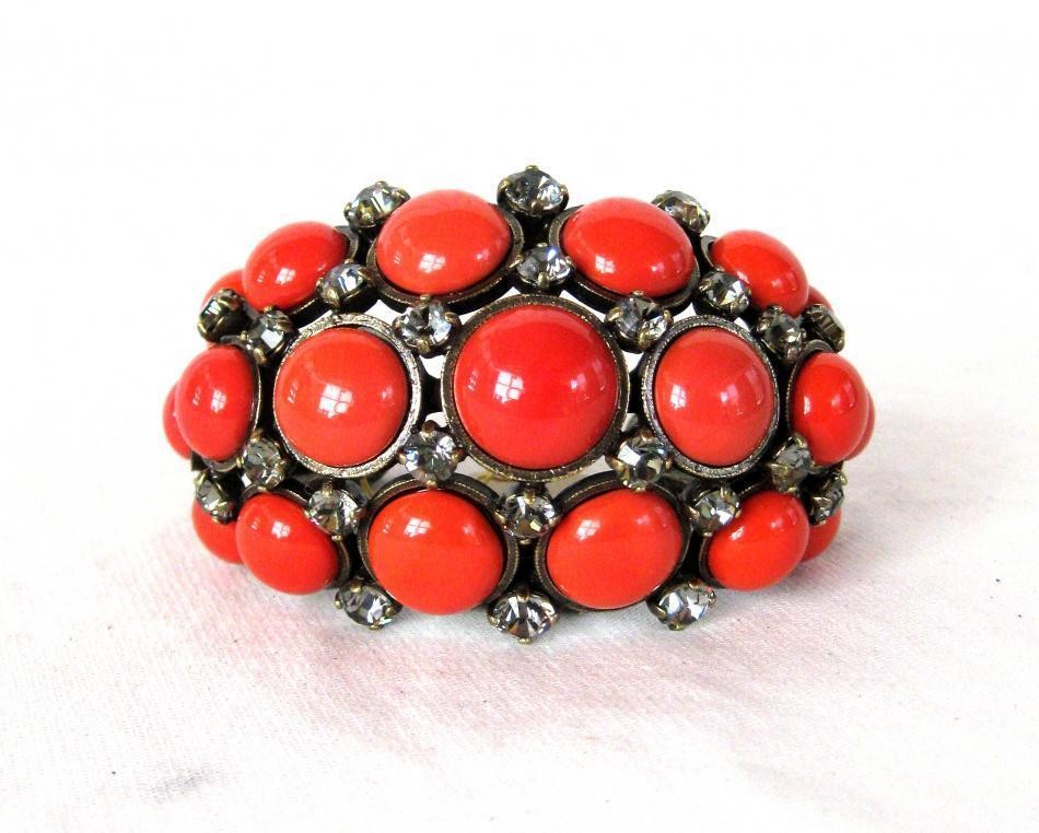 LANVIN = NWT $895 Brass CUFF BRACELET CRYSTAL & CORAL STONES *BRAND 