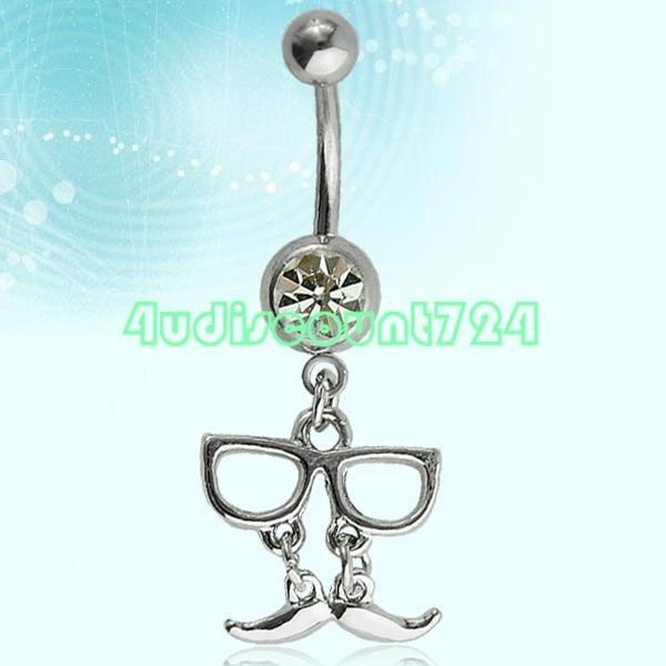   STAINLESS STEEL BARBELL BAR GLASSES MOUSTACHE DANGLE NAVEL BELLY RING